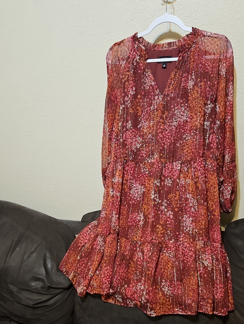 MSK Floral Tiered Long-Sleeve Dress in Rust and Pink And Gold Accents